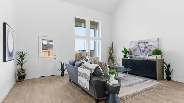 a living room with furniture potted plant and a window