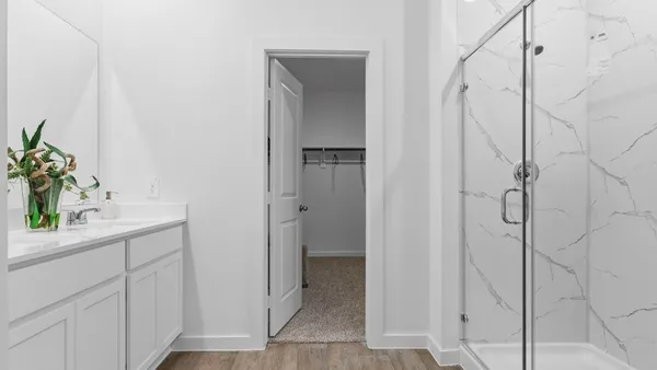 a bathroom with a shower and a sink