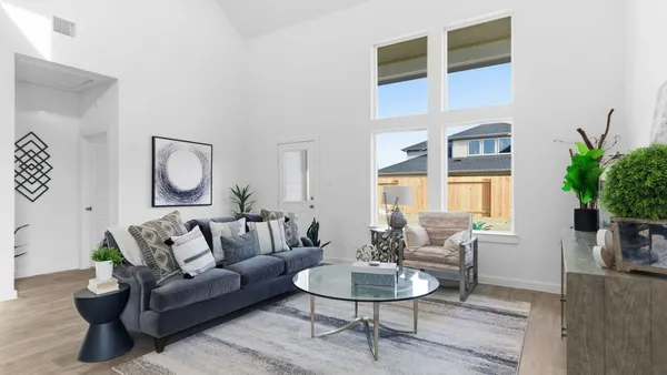 a living room with furniture and a potted plant