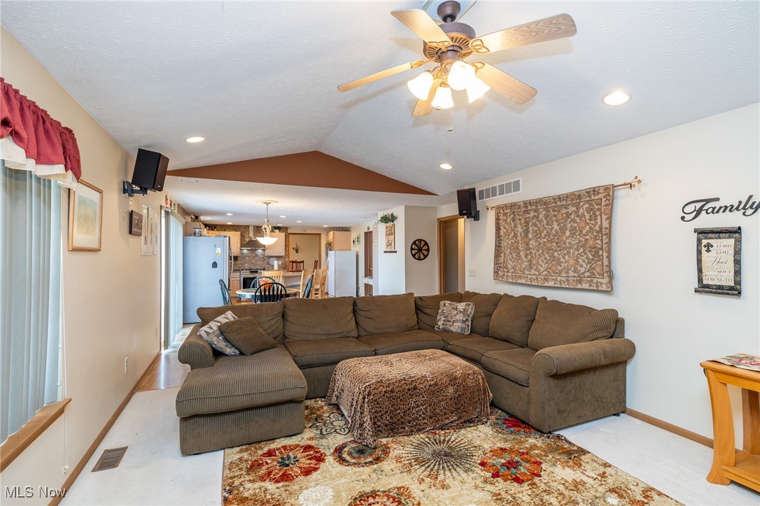 12181 Williams Road Homerville, OH 44235 - Photo 9 of 49 Carpeted living room with vaulted ceiling and ceiling fan