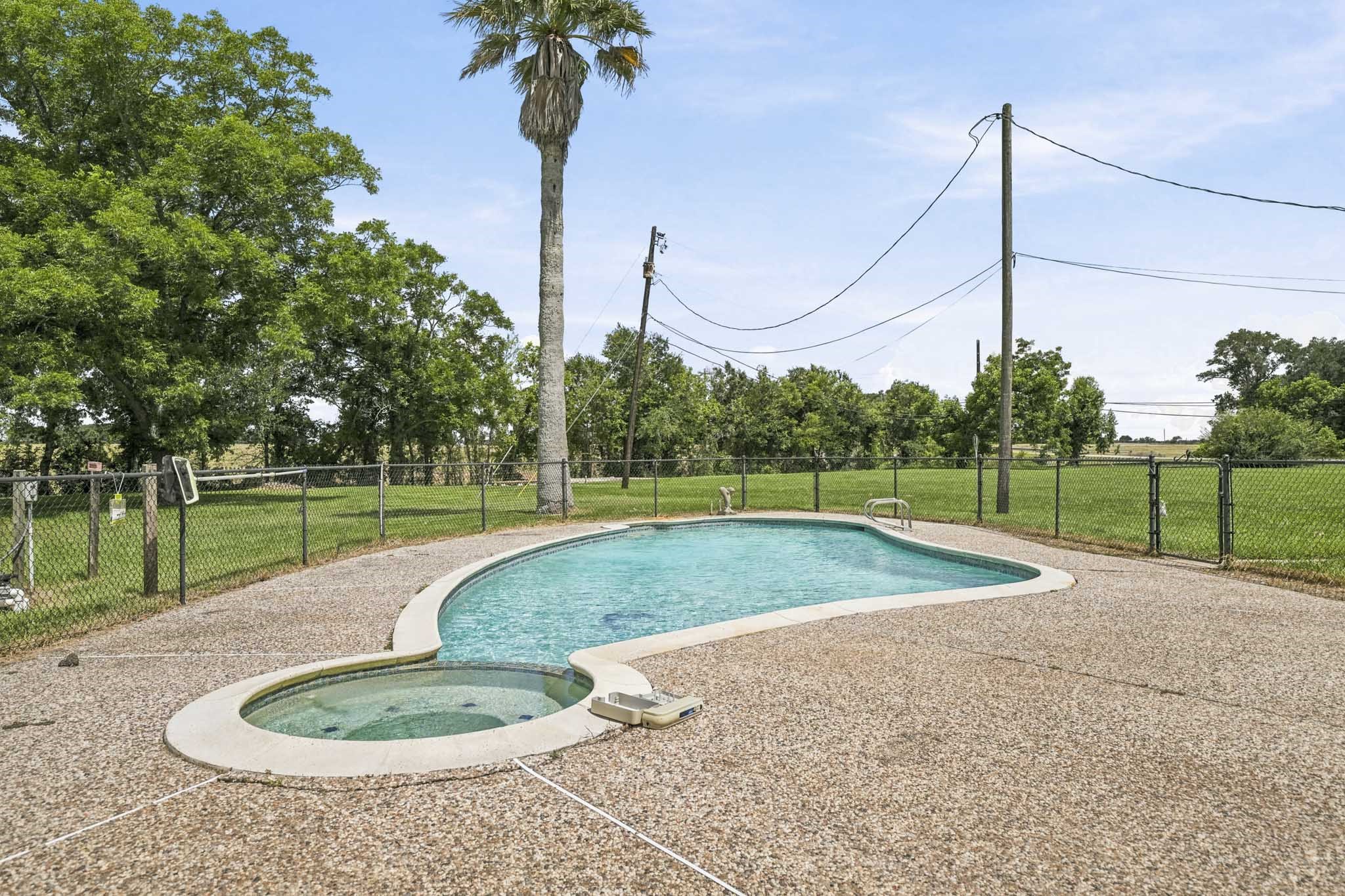 302 Country Road 893 Angleton, TX 77515 - Photo 25 of 26 Ample backyard with a fenced-in swimming pool and spa, surrounded by a spacious area with mature trees and open greenery, perfect for relaxation and entertainment.