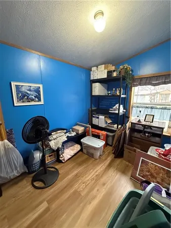 a living room with furniture a rug and wall paintings