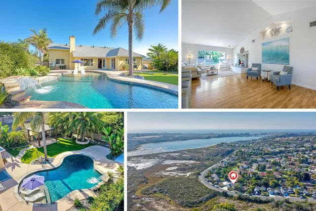 a view of a swimming pool with an outdoor seating