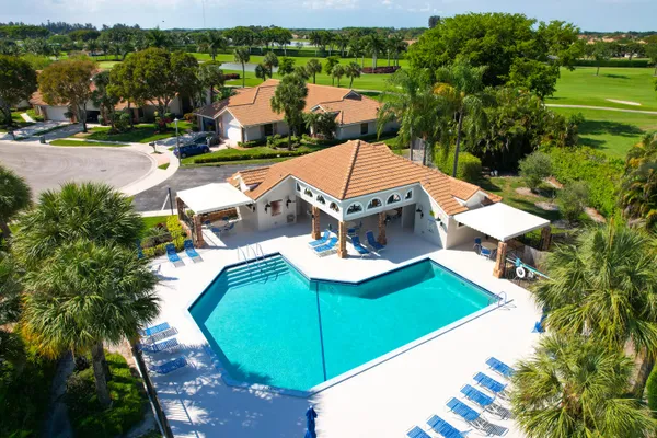 an aerial view of a pool