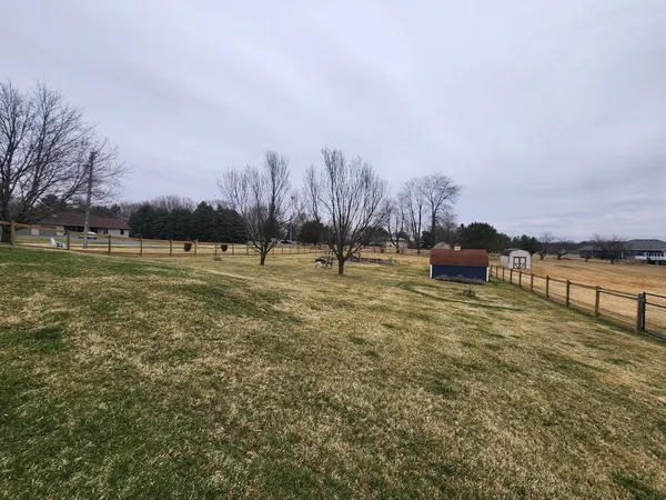 a view of a swimming pool with lawn chairs and plants