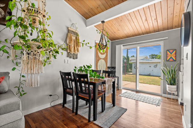 909 Rancho Boulevard Ogden, UT 84404 - Photo 7 of 27 Vaulted wood-finish ceiling accentuates this dining area featuring wood-finish flooring, light gray walls, and sliding glass doors opening to the exterior