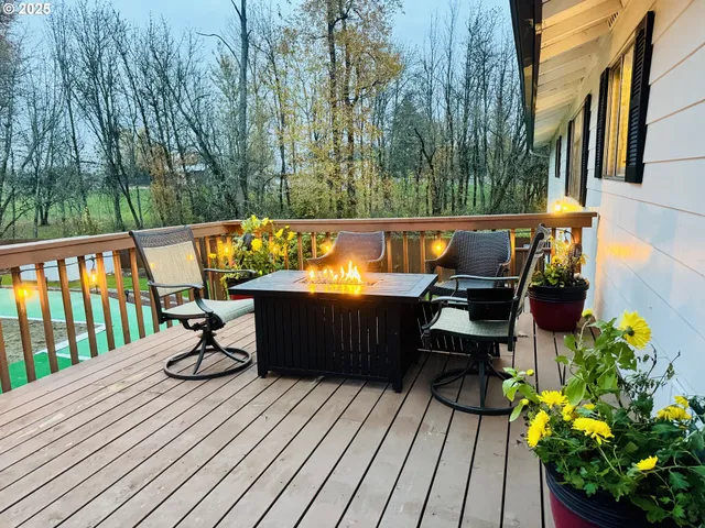 a lawn chairs sitting in a backyard with large trees