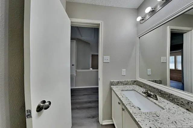 a bathroom with a granite countertop sink a mirror and shower