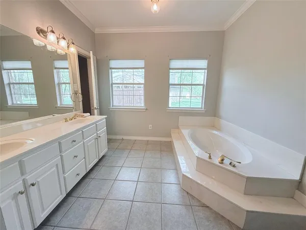 a bathroom with a tub a double vanity sink a vanity a window and a mirror