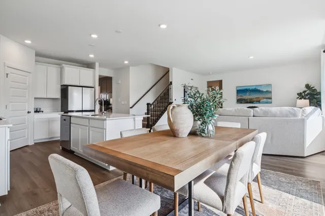 a view of a dining room with furniture