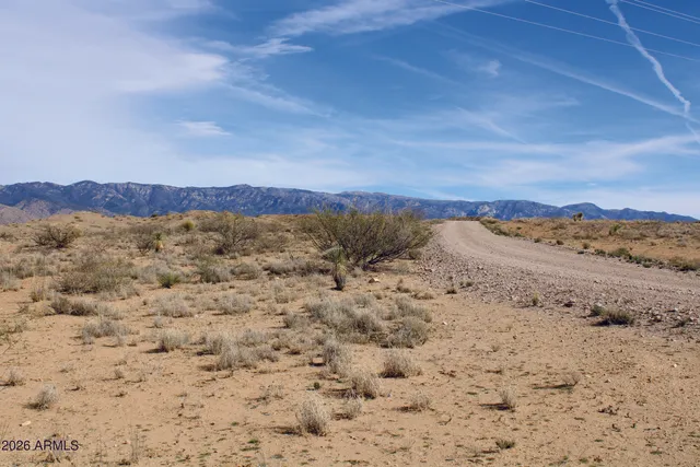 a view of a dry yard with mountains in the background
