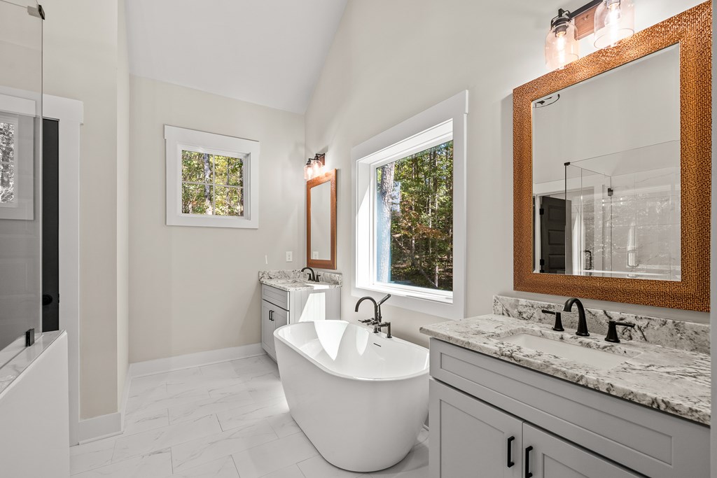 158 Treeline Lane Ellijay, GA 30540 - Photo 21 of 95 a bathroom with a granite countertop sink and a window