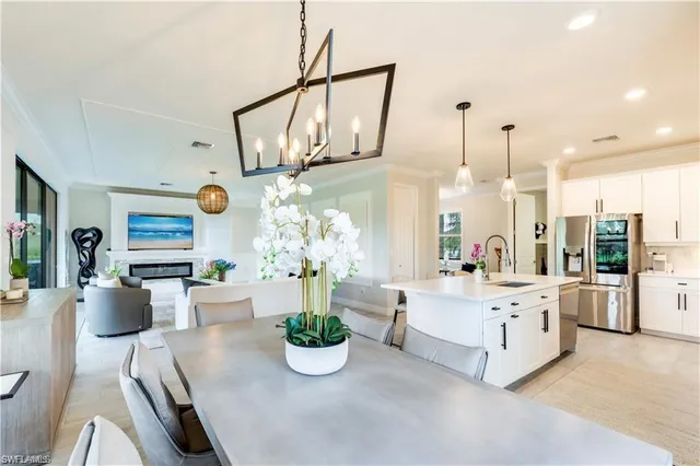 a room with stainless steel appliances a white table chairs and a potted plant