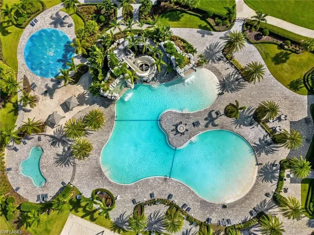 an aerial view of a swimming pool