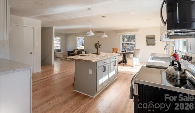 a large kitchen with stainless steel appliances granite countertop a lot of counter space and wooden floor