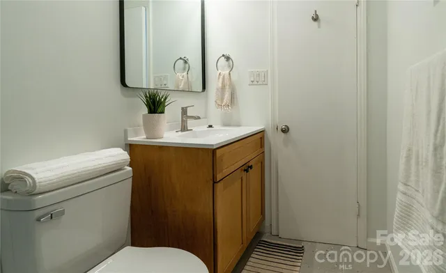 a bathroom with a sink toilet and mirror
