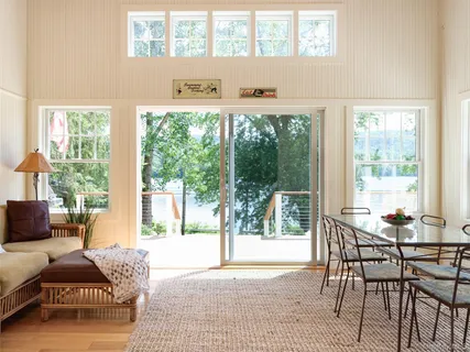 a living room with furniture and a floor to ceiling window