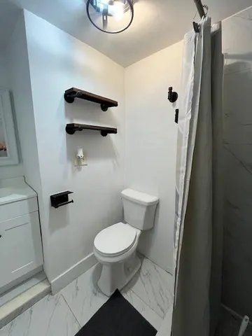 a bathroom with a toilet and a shower