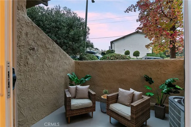 a view of patio with couches and a potted plant