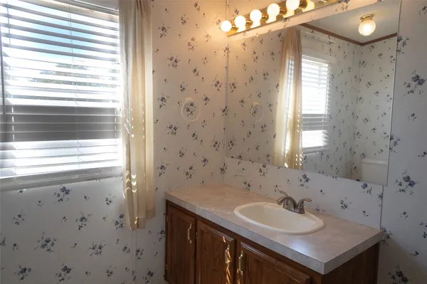a bathroom with a sink and a mirror