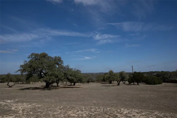 a view of a field with trees in background
