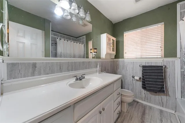 a bathroom with a sink a toilet and a mirror