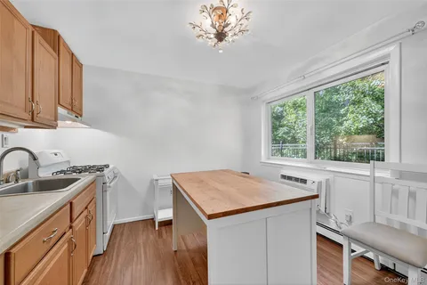 a kitchen that has a sink a stove and a window