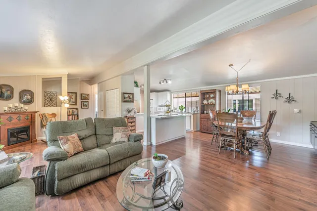 a living room with furniture dining table and a wooden floor