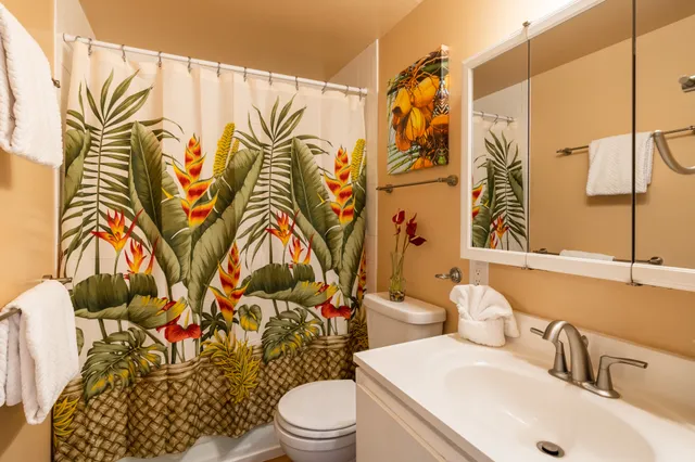 a bathroom with a sink a toilet and shower curtain