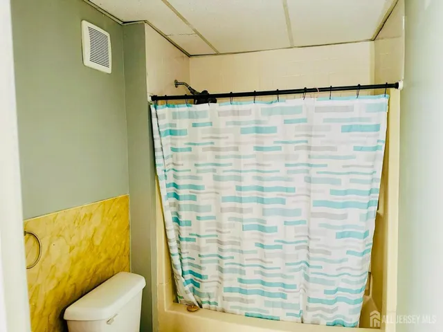 a bathroom with a shower curtain and a toilet