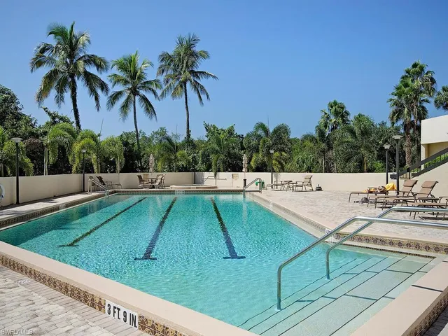 a view of a swimming pool with a chair and palm trees