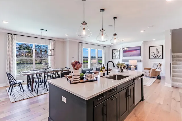 a kitchen that has a lot of cabinets a sink and couches in it