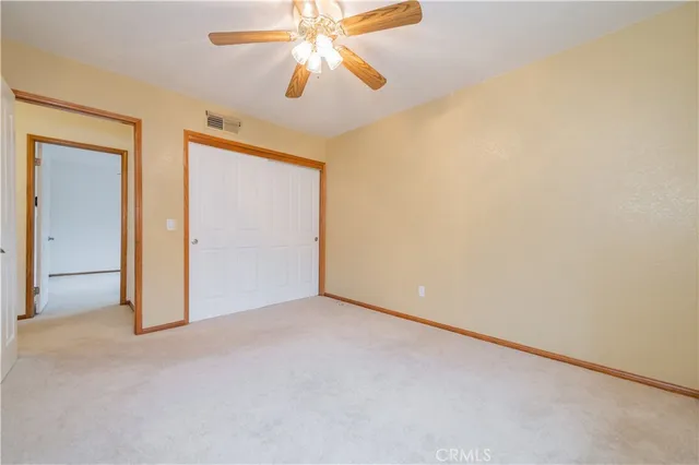 a view of a dry yard with trees in the background
