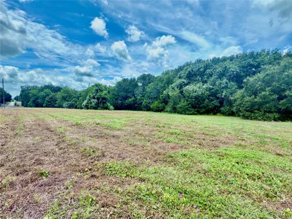 a view of a field with an trees in the background