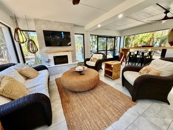 a living room with fireplace furniture and a flat screen tv
