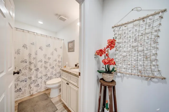 a bathroom with a toilet sink and shower curtain