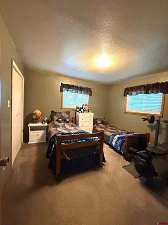 a bedroom with two beds and a potted plant