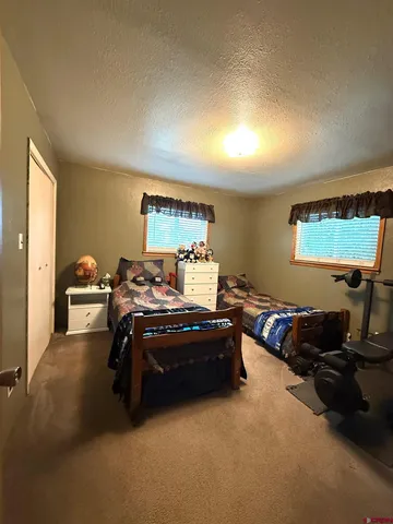 a bedroom with two beds and a potted plant