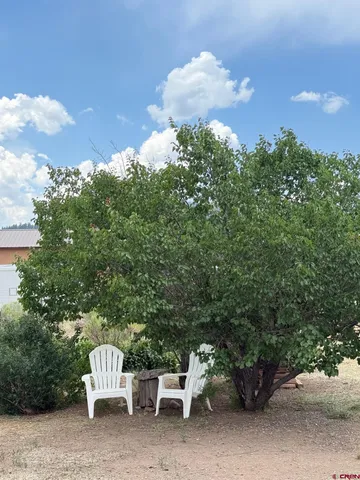 a view of a backyard with table and chairs
