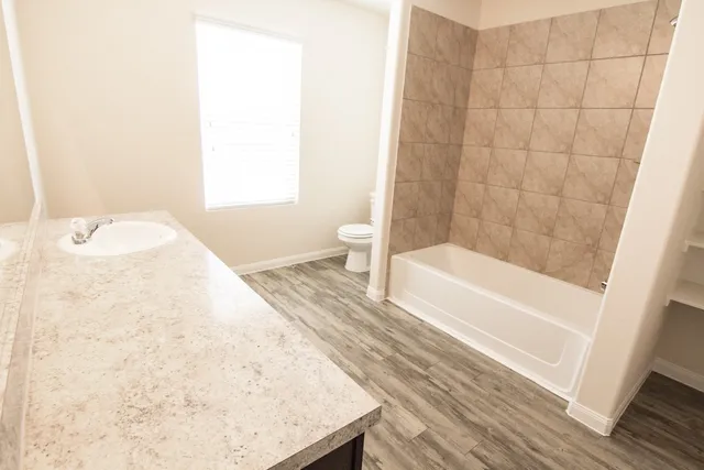 a bathroom with a bathtub and a toilet