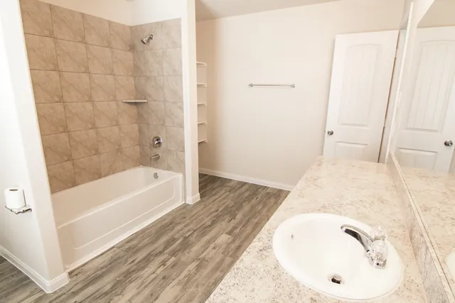 a bathroom with a bathtub and a sink