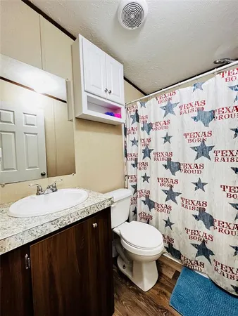 a bathroom with a granite countertop toilet sink and mirror