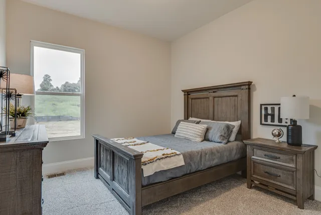 a bedroom with a bed and a window