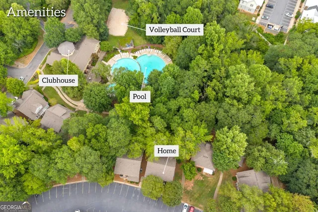 a view of outdoor space with signage and flags