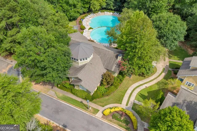 an aerial view of a swimming pool