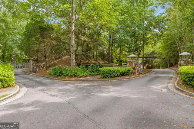 a view of a street with potted plants and large trees