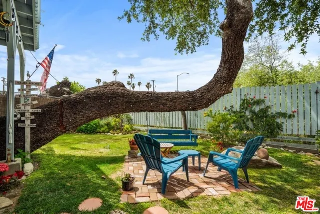 a backyard of a house with table and chairs