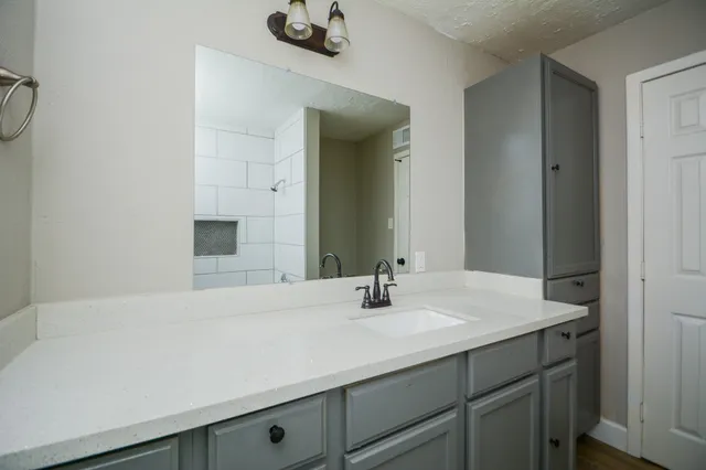 a bathroom with a sink and a mirror