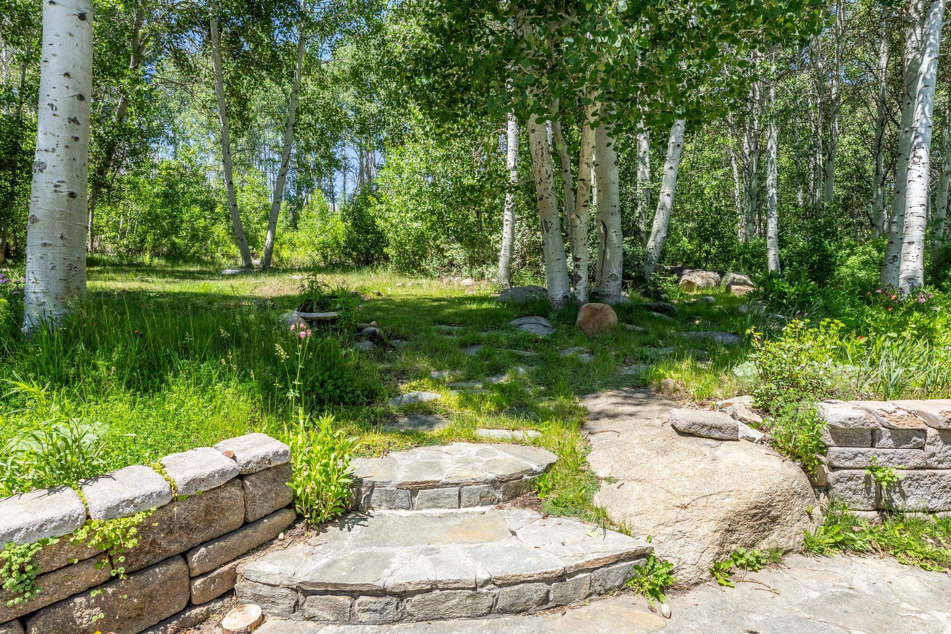 22 Juniper Drive, Unit 2 Mammoth Lakes, CA 93546 - Photo 33 of 50 a view of a backyard with plants and a fountain
