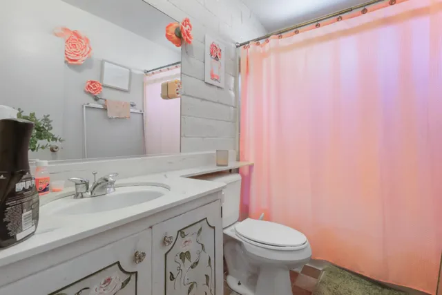 a bathroom with a sink a toilet and a mirror